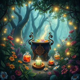 An enchanting book cover design for a herbalism fantasy novel featuring elements of magic, love, secrets, potions, and elixirs
