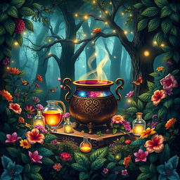 An enchanting book cover design for a herbalism fantasy novel featuring elements of magic, love, secrets, potions, and elixirs