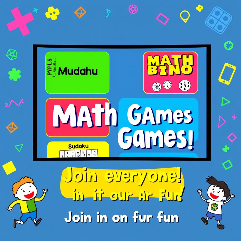 A vibrant presentation slide showcasing various math games designed for an audience of all ages