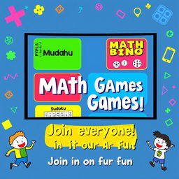 A vibrant presentation slide showcasing various math games designed for an audience of all ages