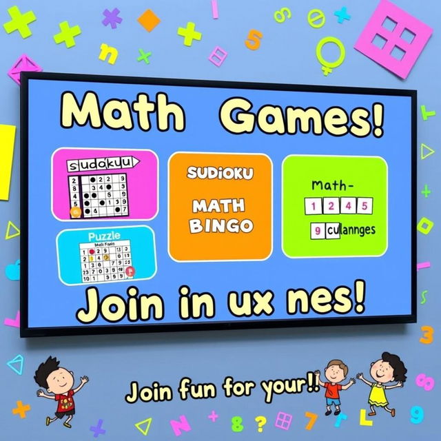 A vibrant presentation slide showcasing various math games designed for an audience of all ages