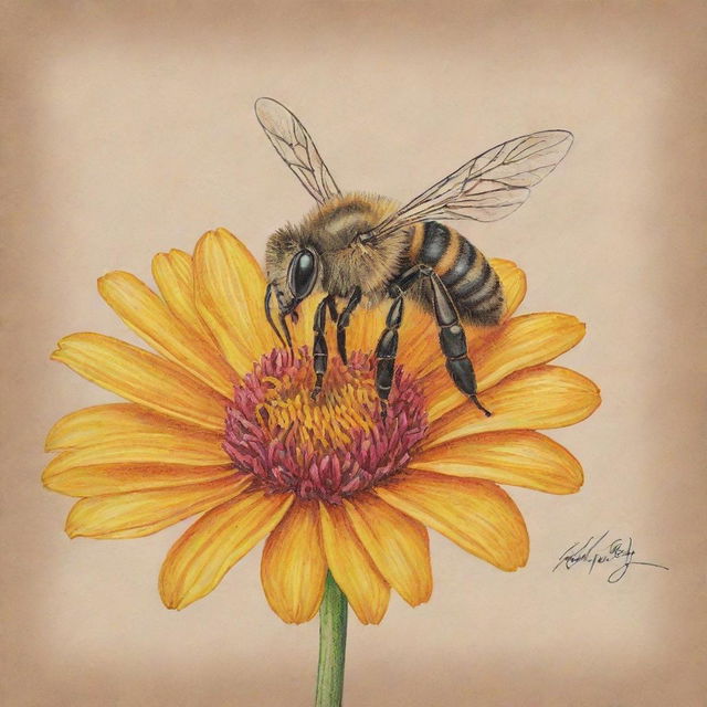 A piece of line art depicting a bee hovering around a flower, executed in a crayon texture which adds a playful and childlike charm to the drawing.