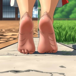 A close-up perspective from the soles of an anime female martial artist's feet, showcasing her bare feet on a variety of surfaces