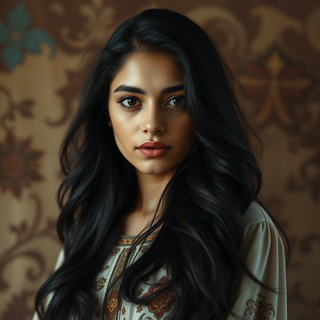 An evocative portrait of a beautiful Arab girl, 22 years old, with long, flowing black hair and full lips, reflecting a sense of strength and resilience