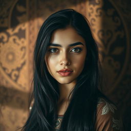An evocative portrait of a beautiful Arab girl, 22 years old, with long, flowing black hair and full lips, reflecting a sense of strength and resilience