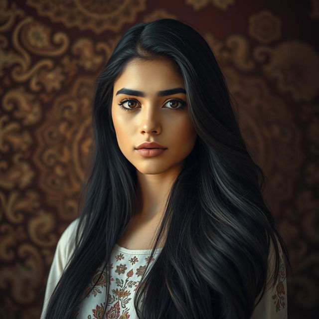 An evocative portrait of a beautiful Arab girl, 22 years old, with long, flowing black hair and full lips, reflecting a sense of strength and resilience