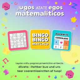 Una diapositiva de presentación vibrante que muestra varios juegos matemáticos diseñados para un público de todas las edades