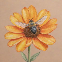 A piece of line art depicting a bee hovering around a flower, executed in a crayon texture which adds a playful and childlike charm to the drawing.