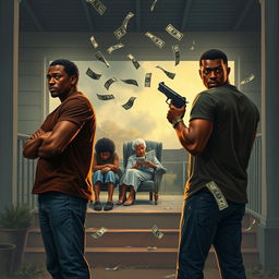A dramatic scene illustrating a black couple standing apart, both looking in opposite directions