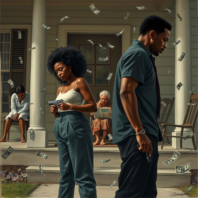 A dramatic scene illustrating a black couple standing apart, both looking in opposite directions