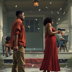 A dramatic scene illustrating a black couple standing apart, both looking in opposite directions