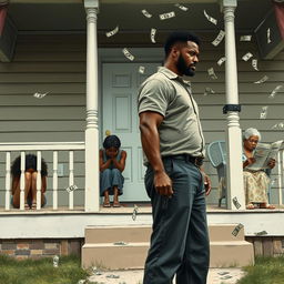 A dramatic scene illustrating a black couple standing apart, both looking in opposite directions