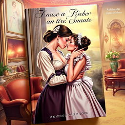 A book cover illustrating a romantic and intimate scene between a wealthy young lady and her maid, Rhea