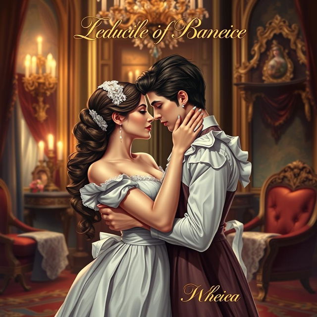 A book cover illustrating a romantic and intimate scene between a wealthy young lady and her maid, Rhea