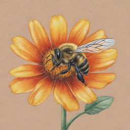 A piece of line art depicting a bee hovering around a flower, executed in a crayon texture which adds a playful and childlike charm to the drawing.