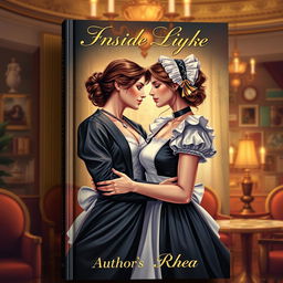 A book cover illustrating a romantic and intimate scene between a wealthy young lady and her maid, Rhea