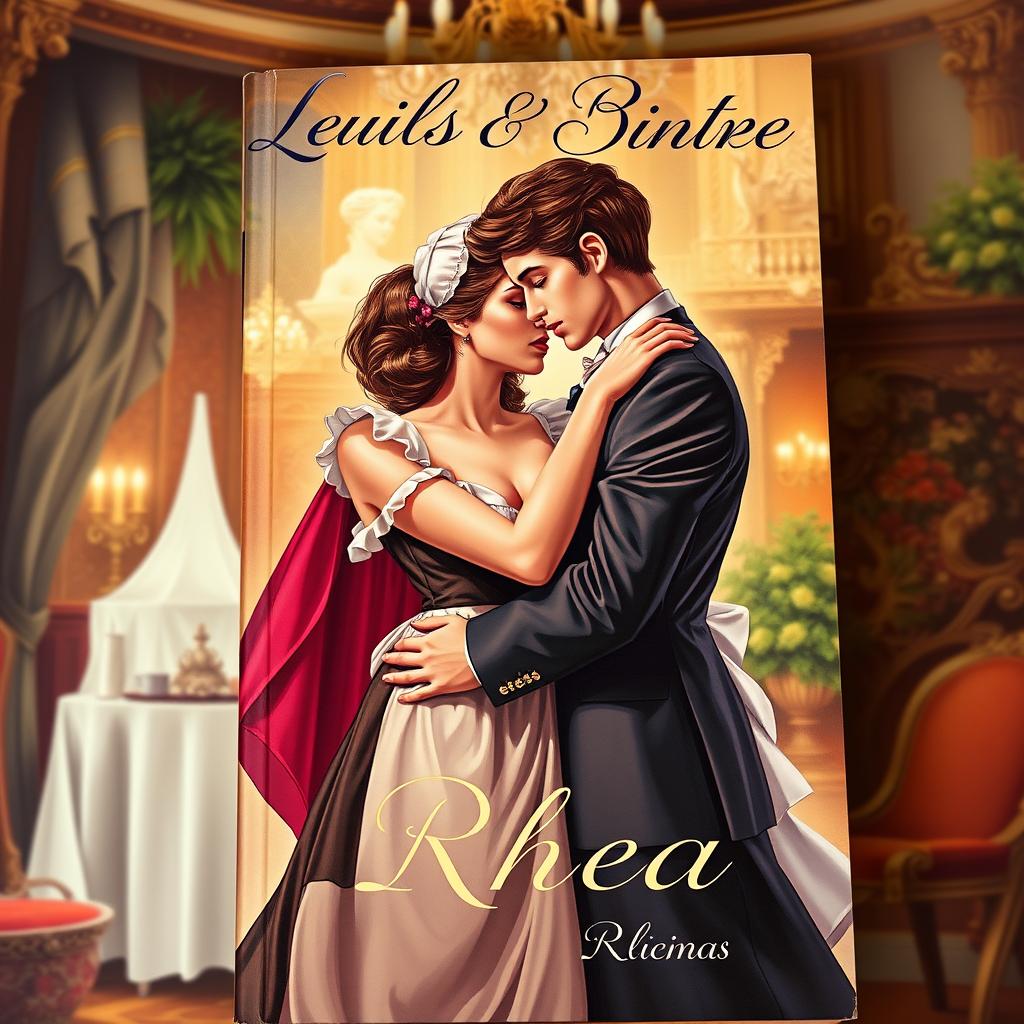 A book cover illustrating a romantic and intimate scene between a wealthy young lady and her maid, Rhea