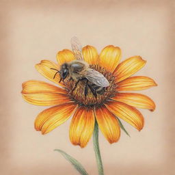 A piece of line art depicting a bee hovering around a flower, executed in a crayon texture which adds a playful and childlike charm to the drawing.