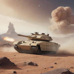 A desert-colored tank with two cannons and missile launchers, speeding across the desert of an alien world. High mountains and a nebulous sky surround the landscape.