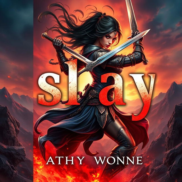 A powerful and dynamic book cover for a fantasy novel titled "slay" styled in all lowercase