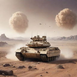 A desert-colored tank with two cannons and missile launchers, speeding across the desert of an alien world. High mountains and a nebulous sky surround the landscape.