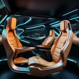 The seats inside the driver's cabin of a 4-door, state-of-the-art futuristic SUV, exuding comfort and modern luxury.