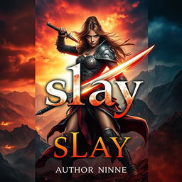 A powerful and dynamic book cover for a fantasy novel titled "slay" styled in all lowercase