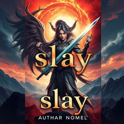 A powerful and dynamic book cover for a fantasy novel titled "slay" styled in all lowercase