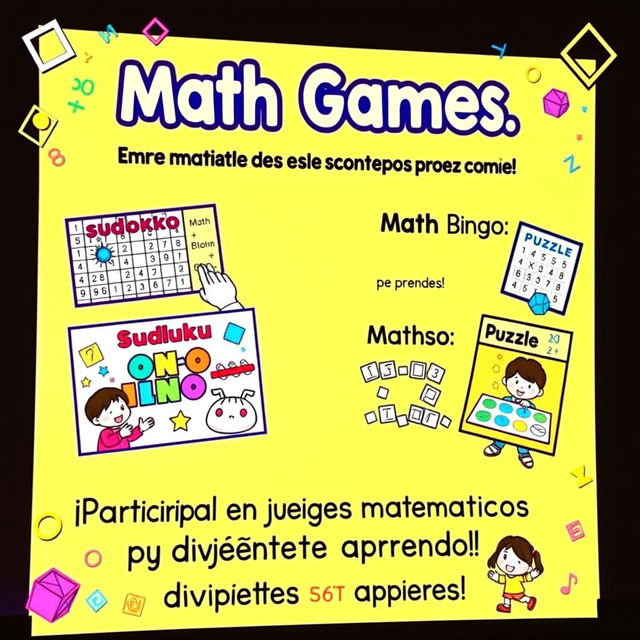 A colorful presentation slide that prominently displays various math games like Sudoku, Math Bingo, and Puzzle Challenges