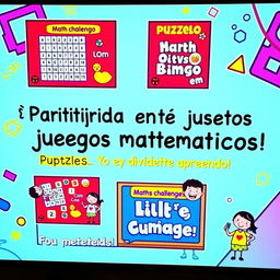 A colorful presentation slide that prominently displays various math games like Sudoku, Math Bingo, and Puzzle Challenges