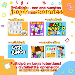 A colorful presentation slide that prominently displays various math games like Sudoku, Math Bingo, and Puzzle Challenges