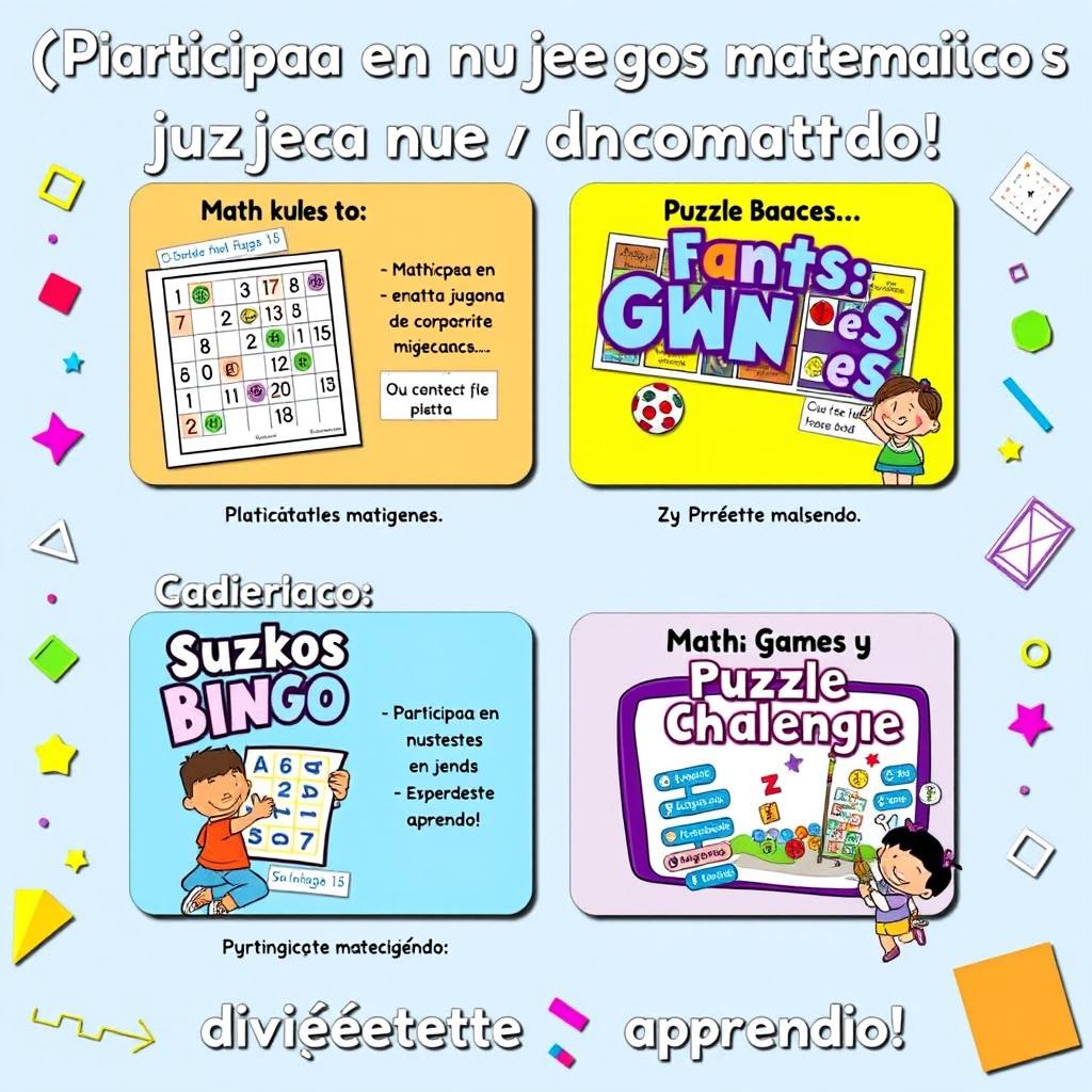 A colorful presentation slide that prominently displays various math games like Sudoku, Math Bingo, and Puzzle Challenges