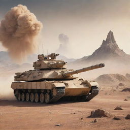 A desert-colored tank with two cannons and missile launchers, speeding across the desert of an alien world. High mountains and a nebulous sky surround the landscape.