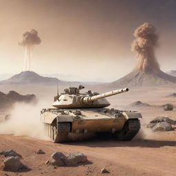 A desert-colored tank with two cannons and missile launchers, speeding across the desert of an alien world. High mountains and a nebulous sky surround the landscape.