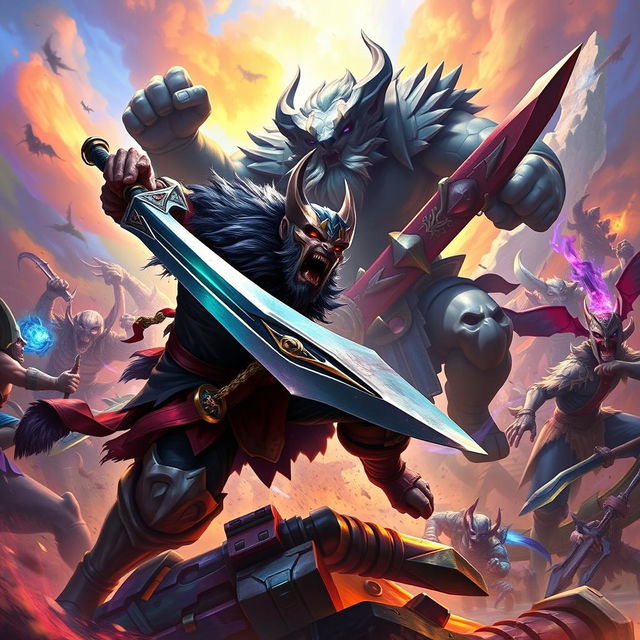 A dynamic and intense scene depicting Tryndamere, a fierce warrior, engaging in battle against Nasus and a horde of enemies in a fantastical landscape reminiscent of Wild Rift