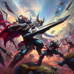 A dynamic and intense scene depicting Tryndamere, a fierce warrior, engaging in battle against Nasus and a horde of enemies in a fantastical landscape reminiscent of Wild Rift