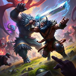 A dynamic and intense scene depicting Tryndamere, a fierce warrior, engaging in battle against Nasus and a horde of enemies in a fantastical landscape reminiscent of Wild Rift