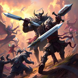 A dynamic and intense scene depicting Tryndamere, a fierce warrior, engaging in battle against Nasus and a horde of enemies in a fantastical landscape reminiscent of Wild Rift