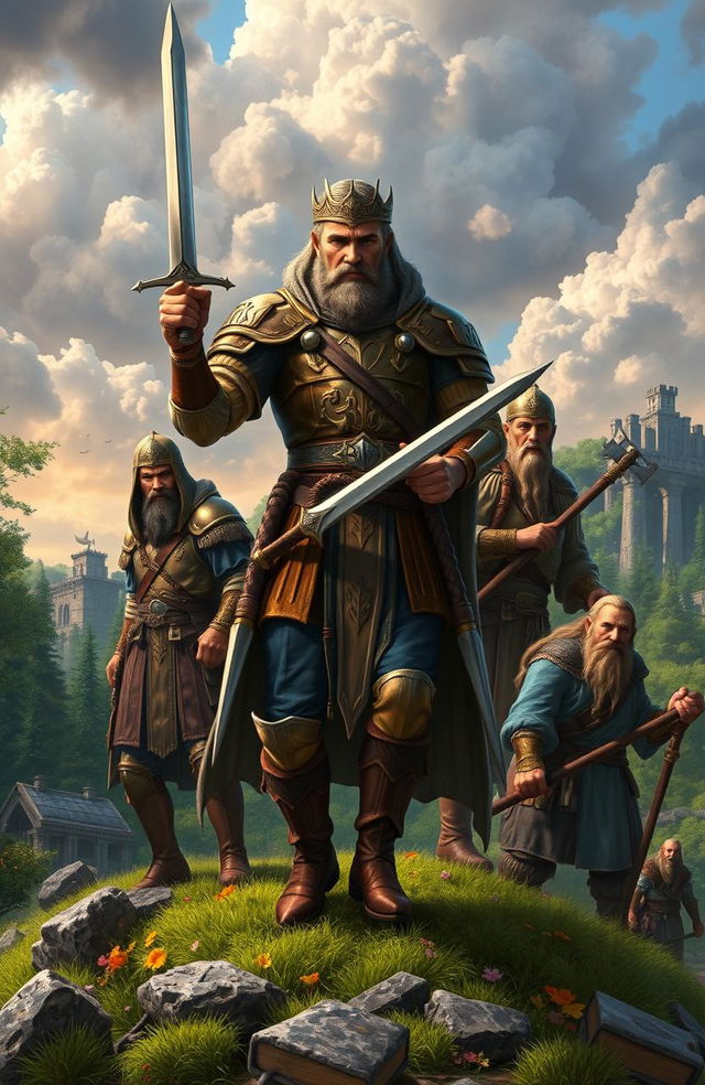 An epic fantasy scene depicting Captain Aaron of the Royal Guard, a strong, determined man in ornate armor, holding a sword, leading a diverse group on a quest