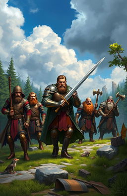 An epic fantasy scene depicting Captain Aaron of the Royal Guard, a strong, determined man in ornate armor, holding a sword, leading a diverse group on a quest
