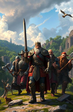 An epic fantasy scene depicting Captain Aaron of the Royal Guard, a strong, determined man in ornate armor, holding a sword, leading a diverse group on a quest