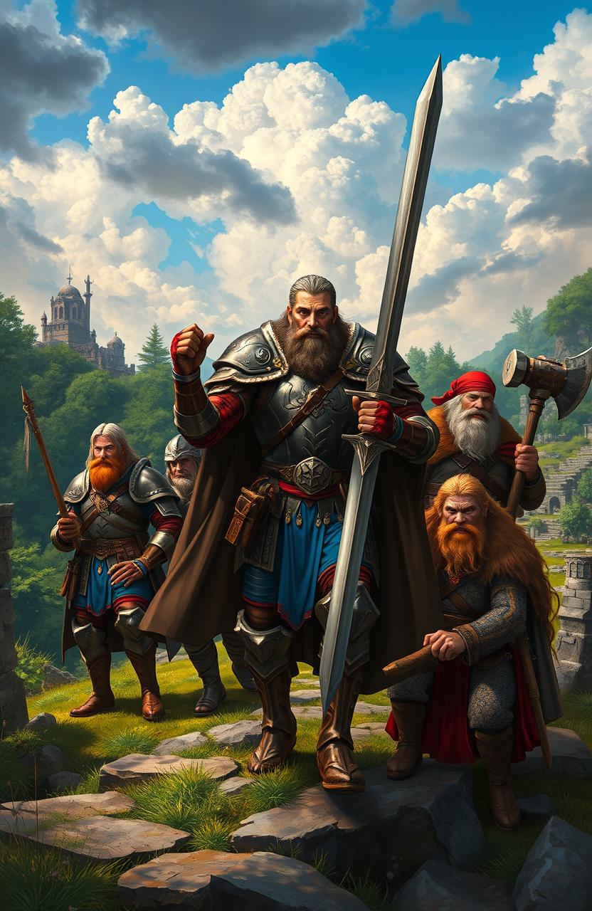 An epic fantasy scene depicting Captain Aaron of the Royal Guard, a strong, determined man in ornate armor, holding a sword, leading a diverse group on a quest