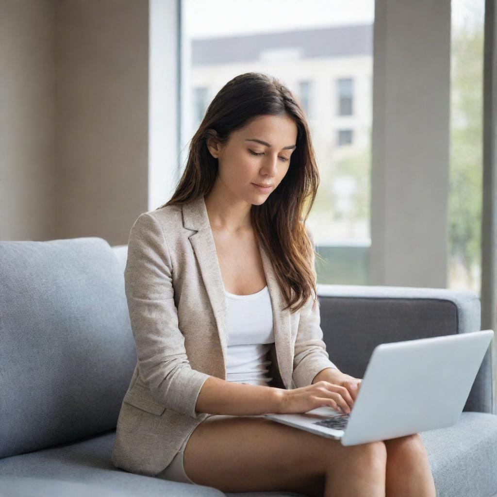 A young, beautiful woman seated comfortably, absorbed in using a sleek, modern laptop.