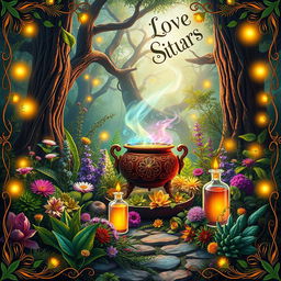 An enchanting book cover design for a herbalism fantasy novel, emphasizing elements of magic, love, secrets, potions, and elixirs, with no text included