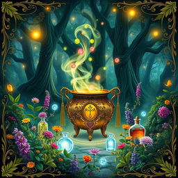An enchanting book cover design for a herbalism fantasy novel, emphasizing elements of magic, love, secrets, potions, and elixirs, with no text included