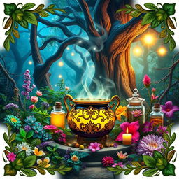 An enchanting book cover design for a herbalism fantasy novel, emphasizing elements of magic, love, secrets, potions, and elixirs, with no text included