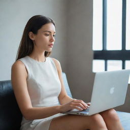 A young, beautiful woman seated comfortably, absorbed in using a sleek, modern laptop.