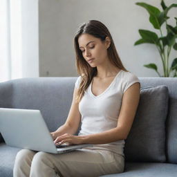 A young, beautiful woman seated comfortably, absorbed in using a sleek, modern laptop.