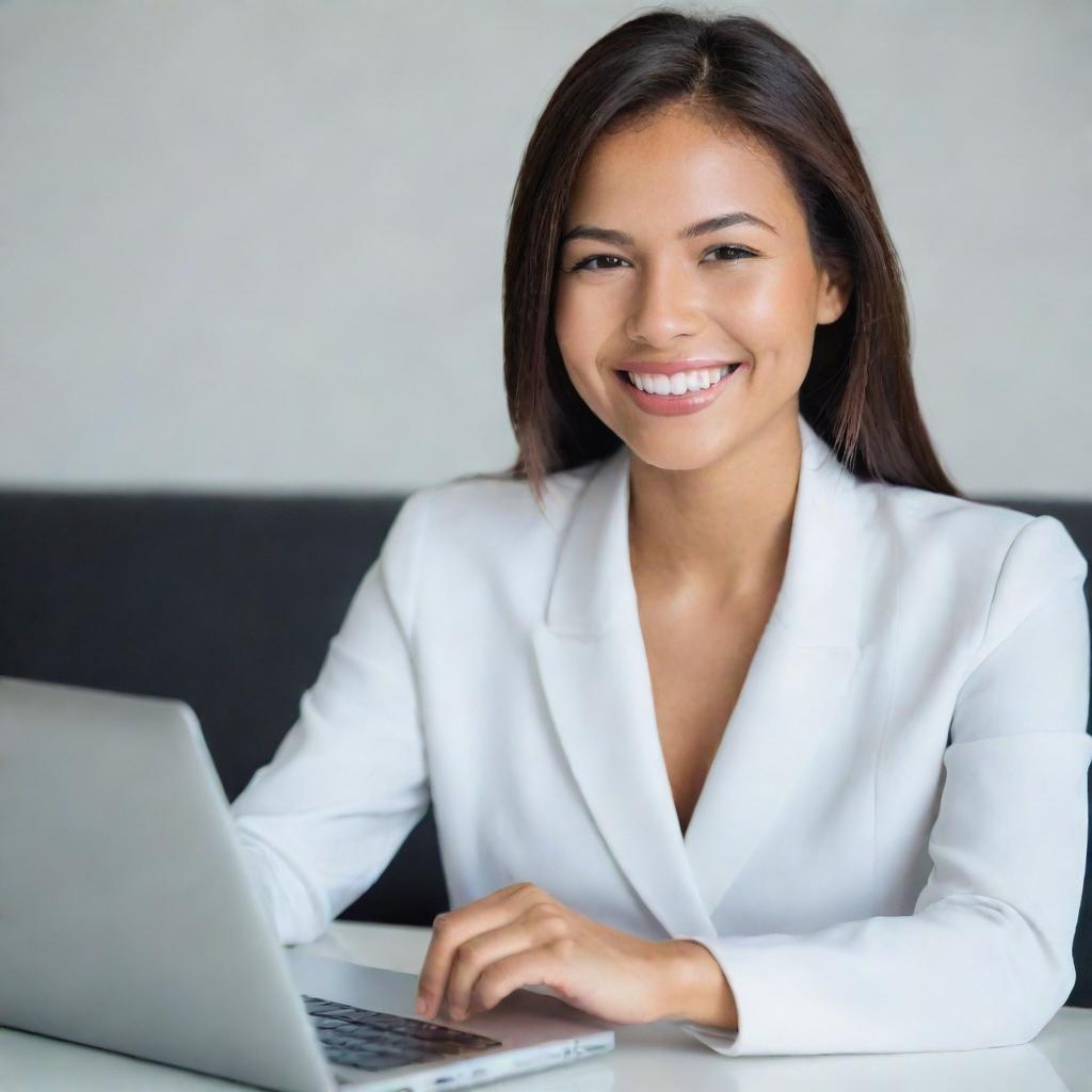 A young, beautiful woman with a bright, genuine smile using a sleek, modern laptop.