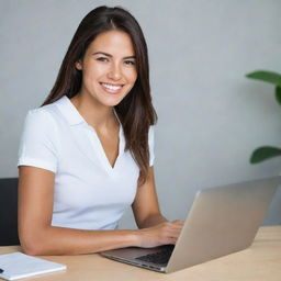 A young, beautiful woman with a bright, genuine smile using a sleek, modern laptop.